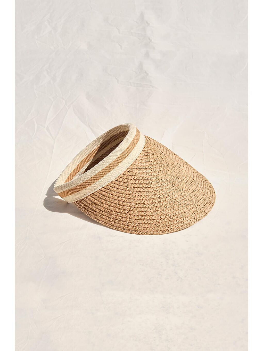 Kahverengi Şeritli Camel Vizör Hasır Plaj Şapkası