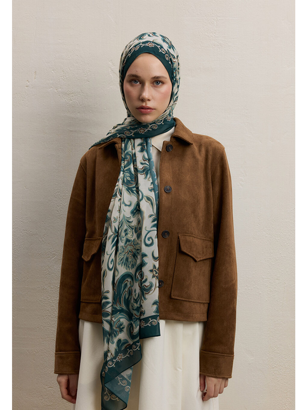 Laura Desen İpek Krep Şal Koyu Yeşil-2