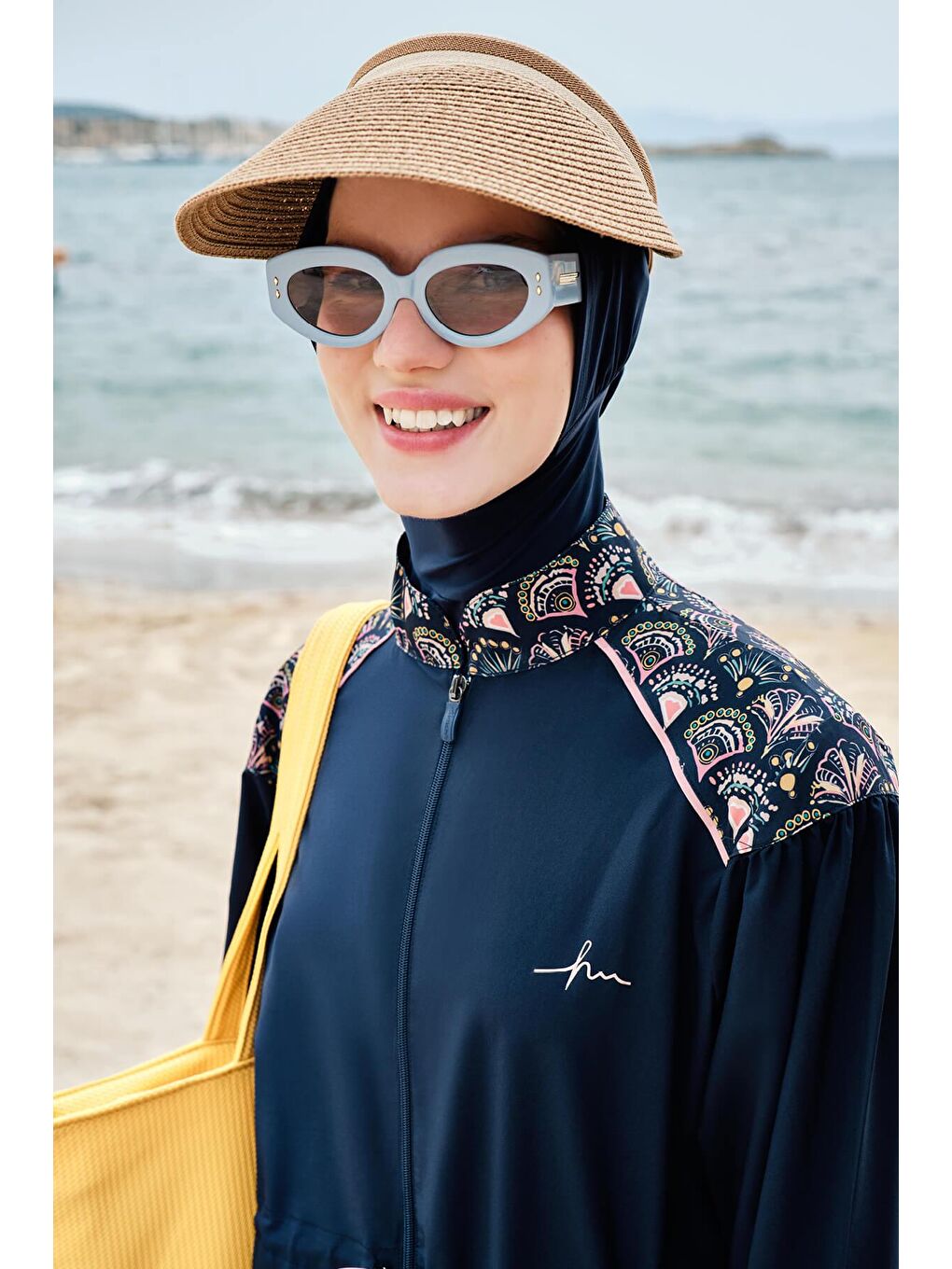 Kahverengi Şeritli Camel Vizör Hasır Plaj Şapkası-1