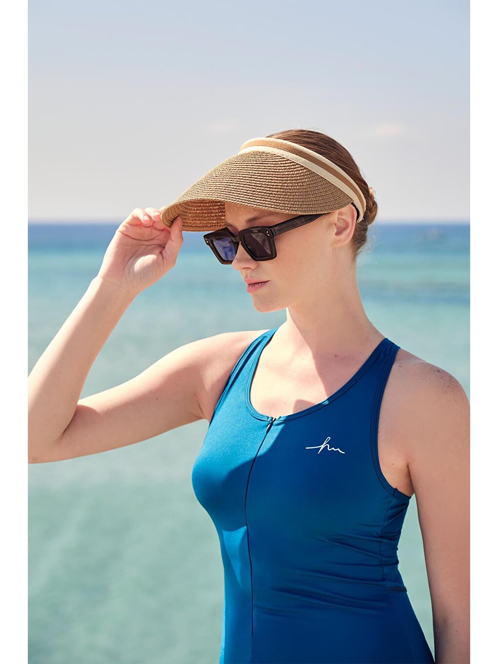 Kahverengi Şeritli Camel Vizör Hasır Plaj Şapkası-2