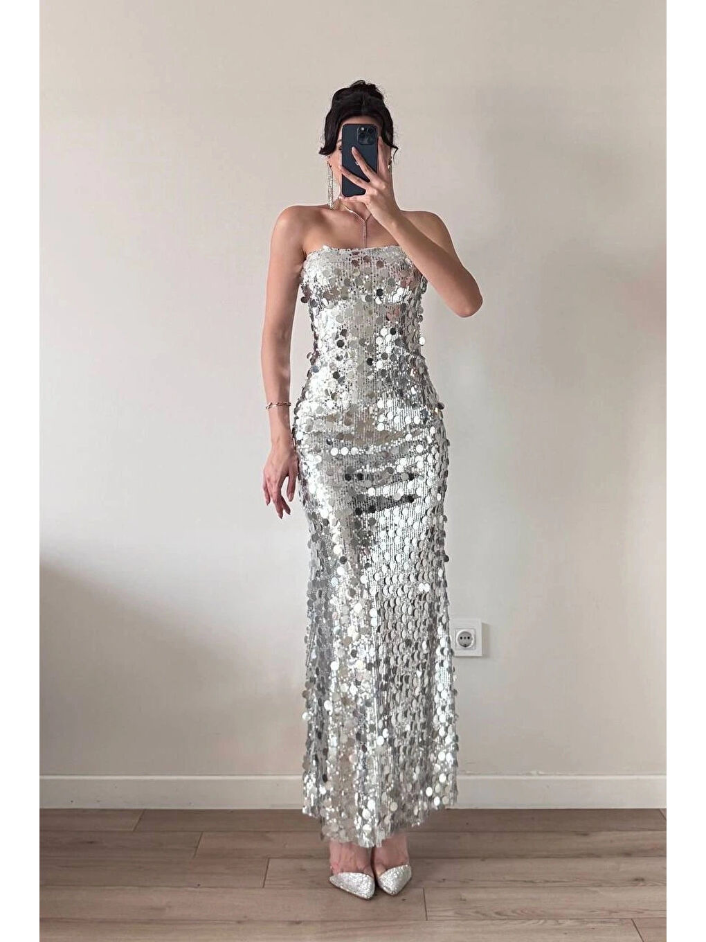 Kadın Gri Straplez PulPayet Elbise 1041-2719