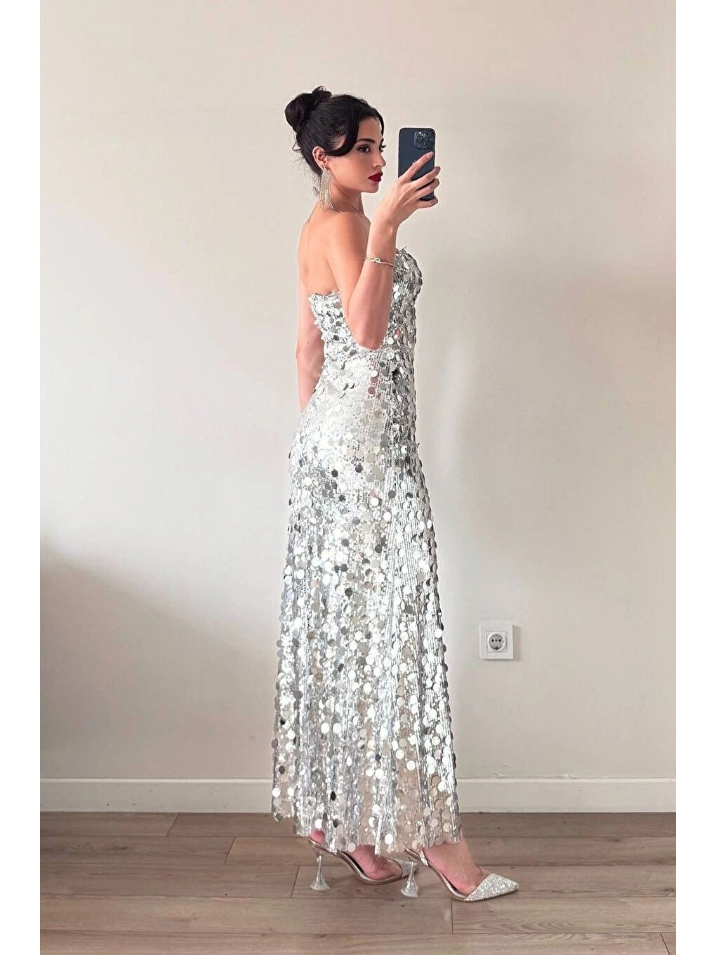 Kadın Gri Straplez PulPayet Elbise 1041-2719-1