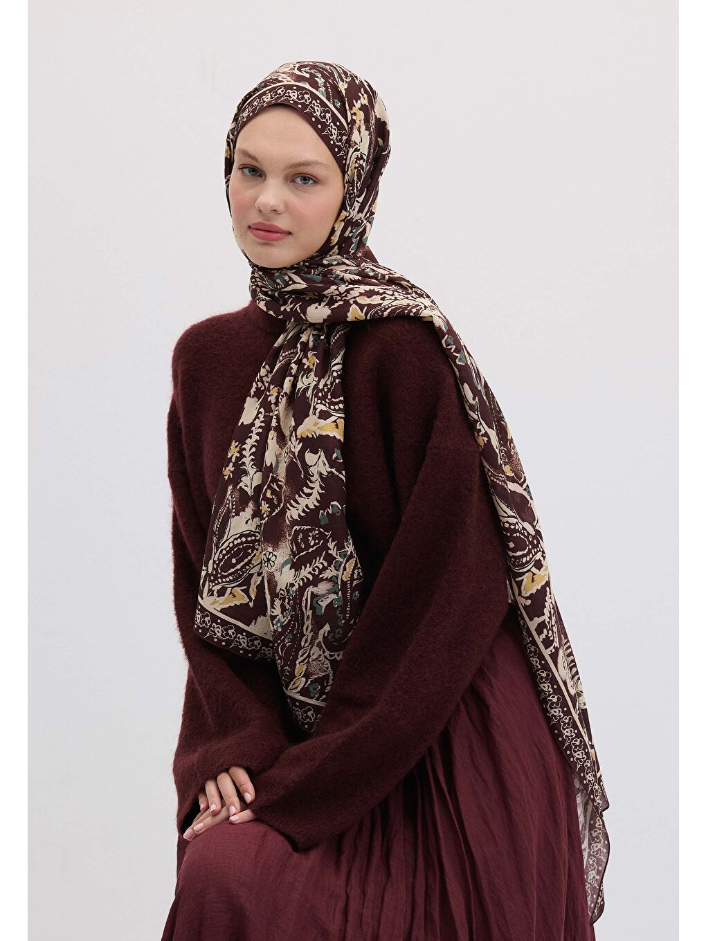 Floral Paısley Desen Şal Koyu Mürdüm