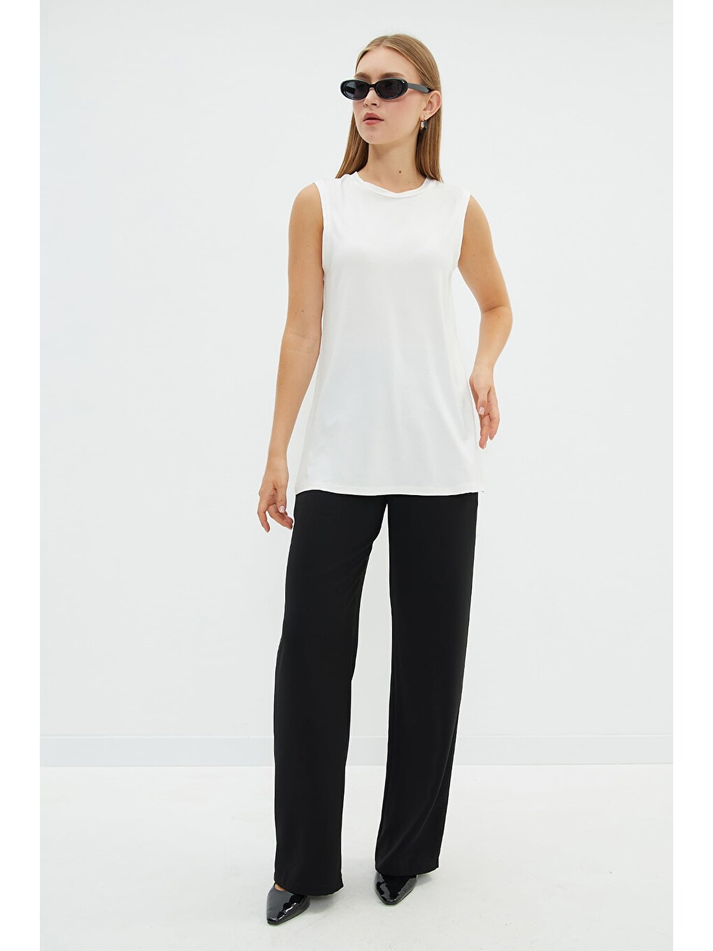 Ekru Basic Bisiklet Yaka Kolsuz Tunik-4