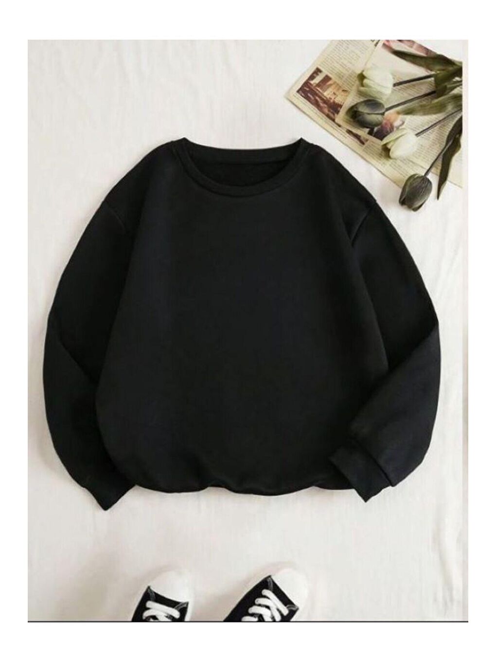 Trendseninle Siyah Kadın SİYAH Düz Bisiklet Yaka Sweatshirt