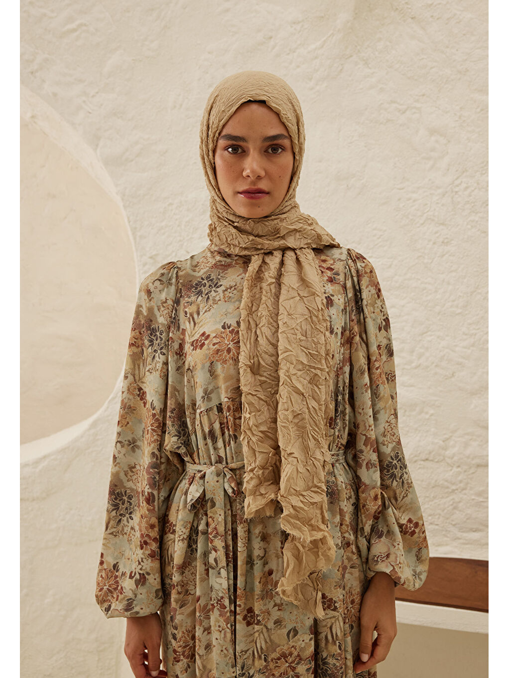 Bej Vual Crash Şal Kum