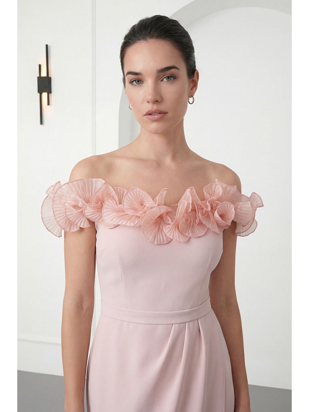 Pembe Kadın Pudra Kayık Yaka Volan Detay Söz nişan Nikah Abiye Elbise-2