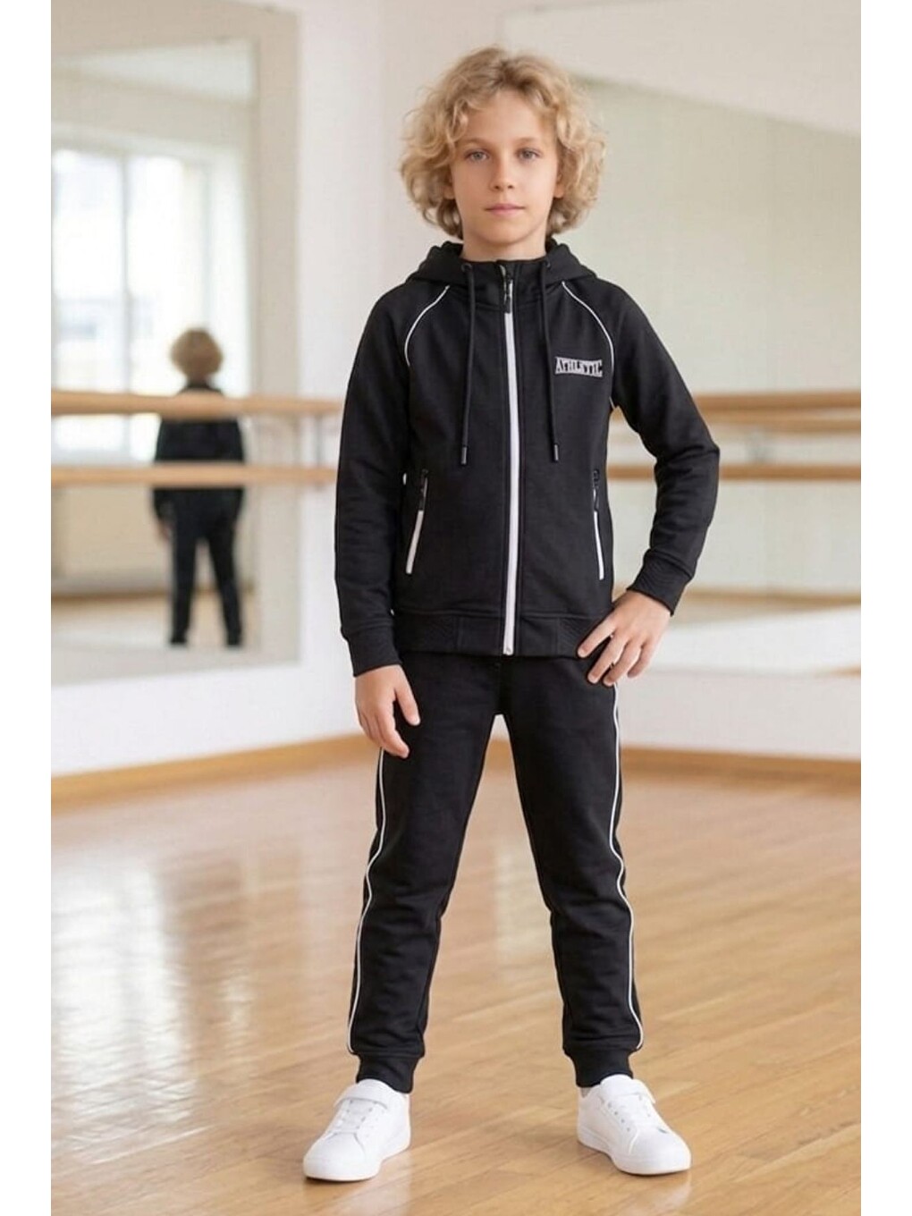 Siyah Erkek Çocuk Scuba Atheletic Reglan Kol Kapüşonlu Dalgıç Kumaş Eşofman Takımı Esf7028-2