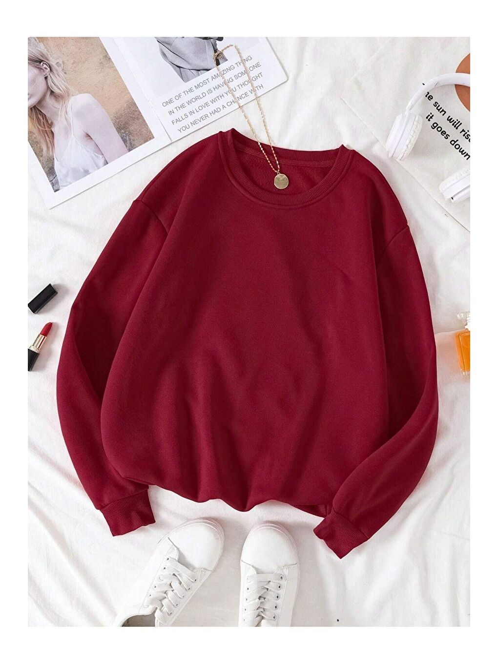 Trendseninle Bordo Kadın Bordo Düz Bisiklet Yaka Sweatshirt