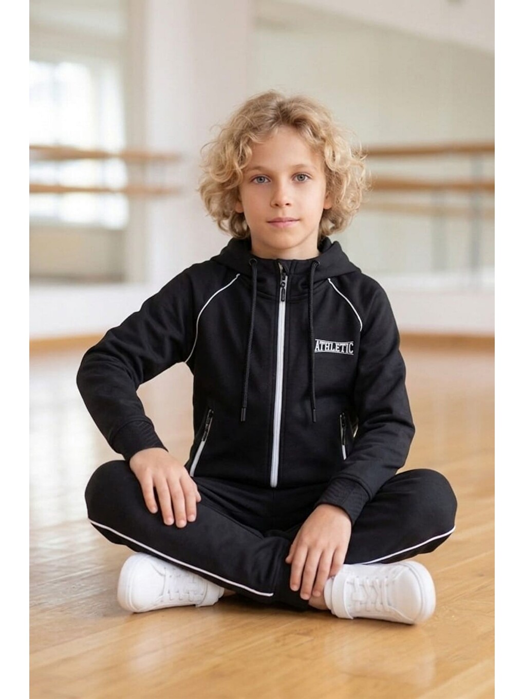 Siyah Erkek Çocuk Scuba Atheletic Reglan Kol Kapüşonlu Dalgıç Kumaş Eşofman Takımı Esf7028-5