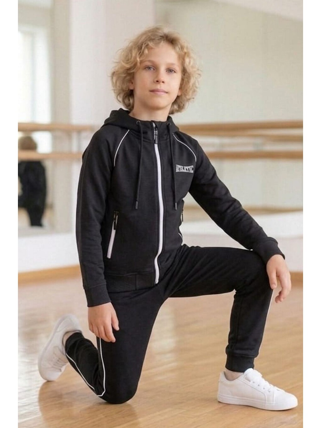 Siyah Erkek Çocuk Scuba Atheletic Reglan Kol Kapüşonlu Dalgıç Kumaş Eşofman Takımı Esf7028-6