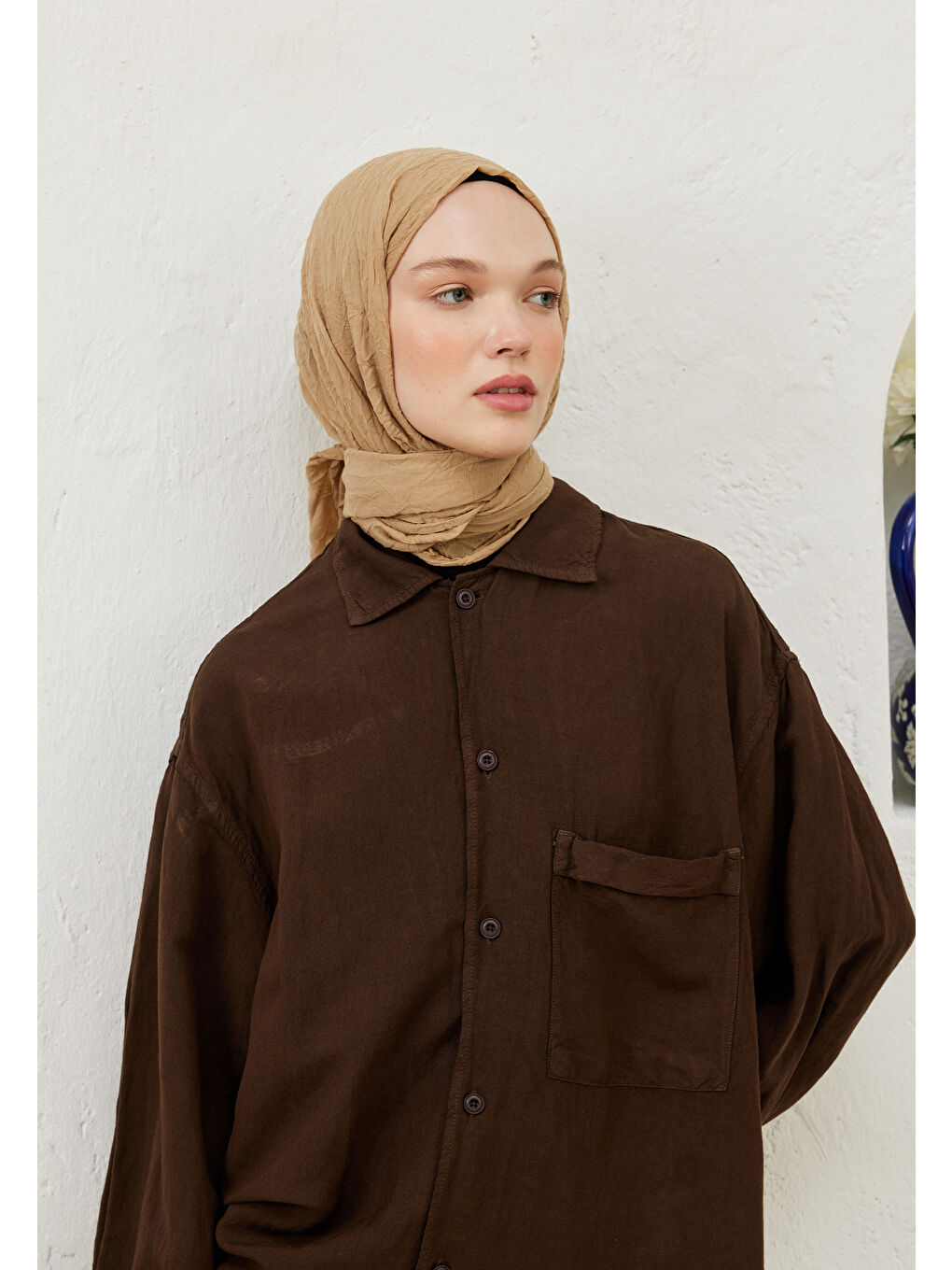 Bej Vual Crash Şal Kum-4