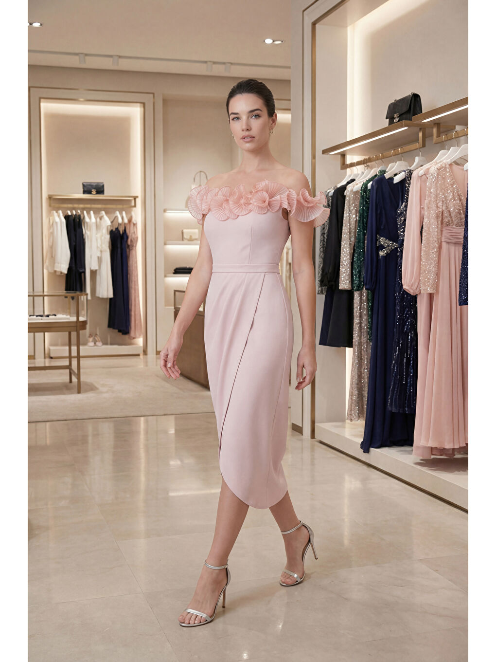 Pembe Kadın Pudra Kayık Yaka Volan Detay Söz nişan Nikah Abiye Elbise-4