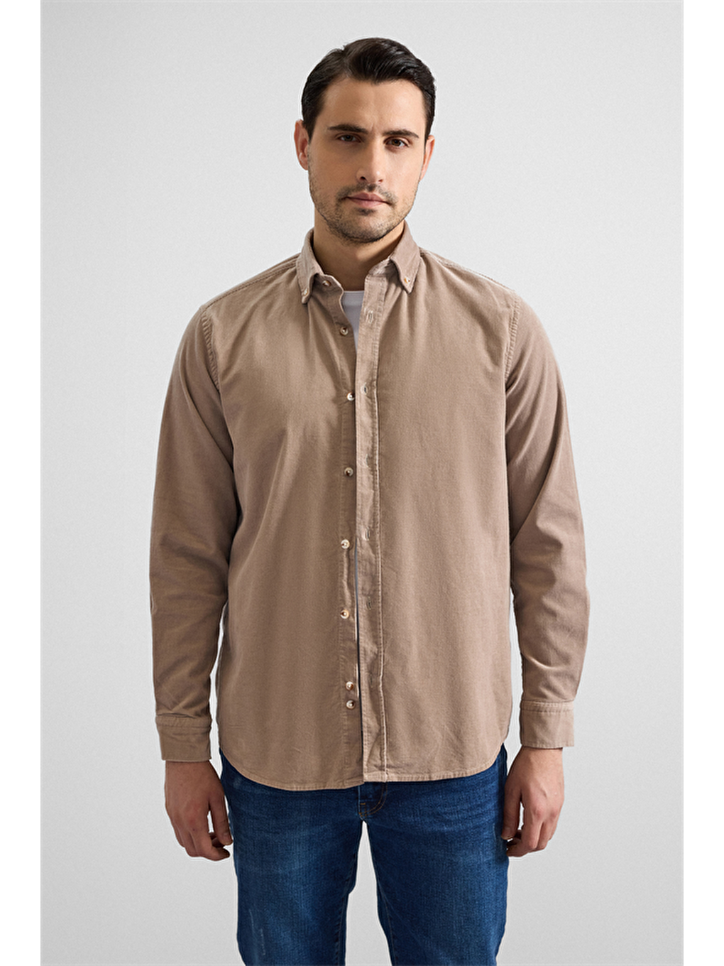 Bej Regular Düğmeli Yaka Casual Gömlek