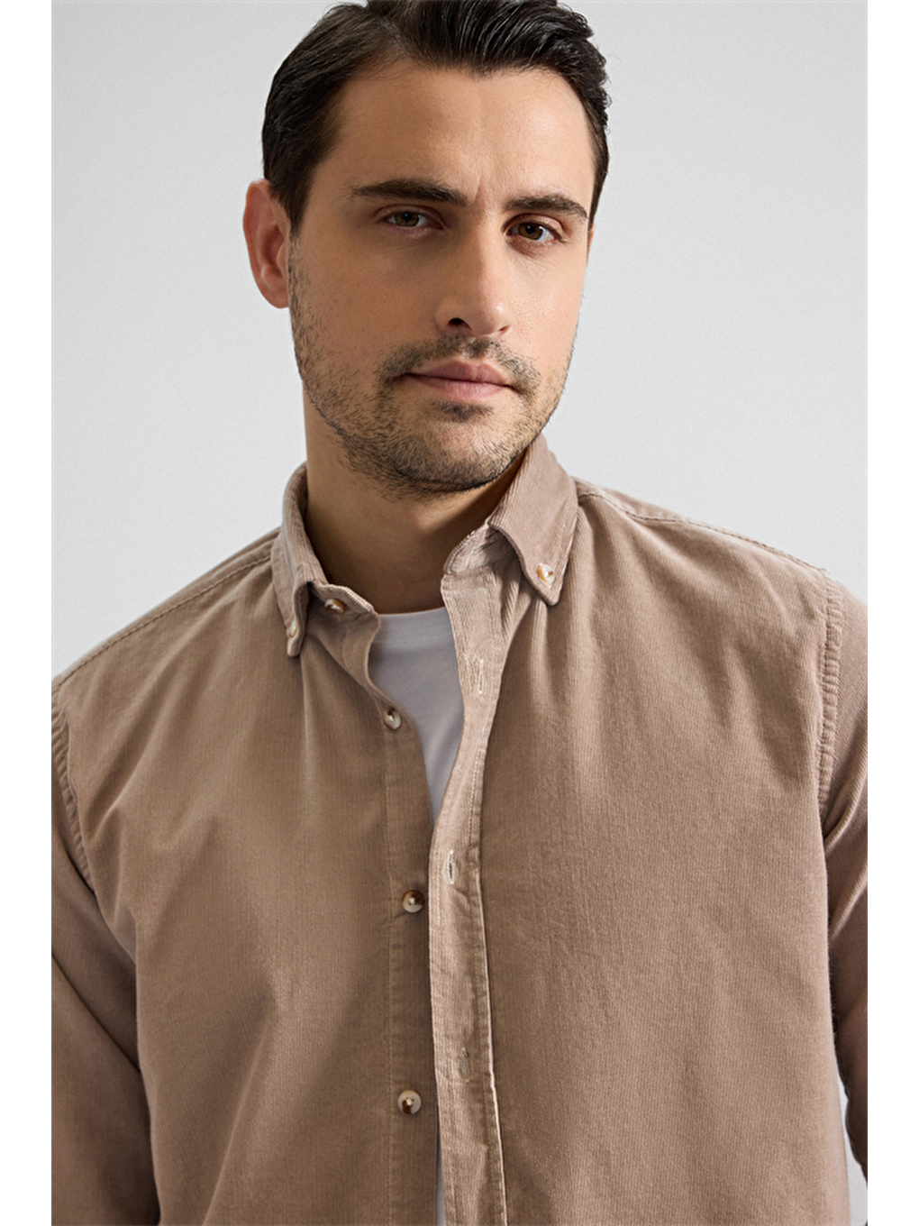 Bej Regular Düğmeli Yaka Casual Gömlek-1