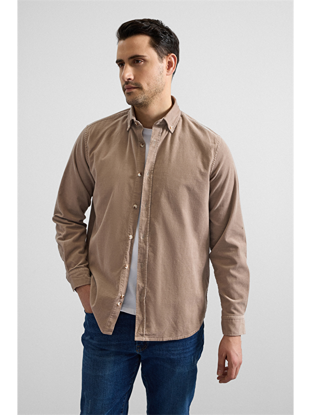 Bej Regular Düğmeli Yaka Casual Gömlek-2