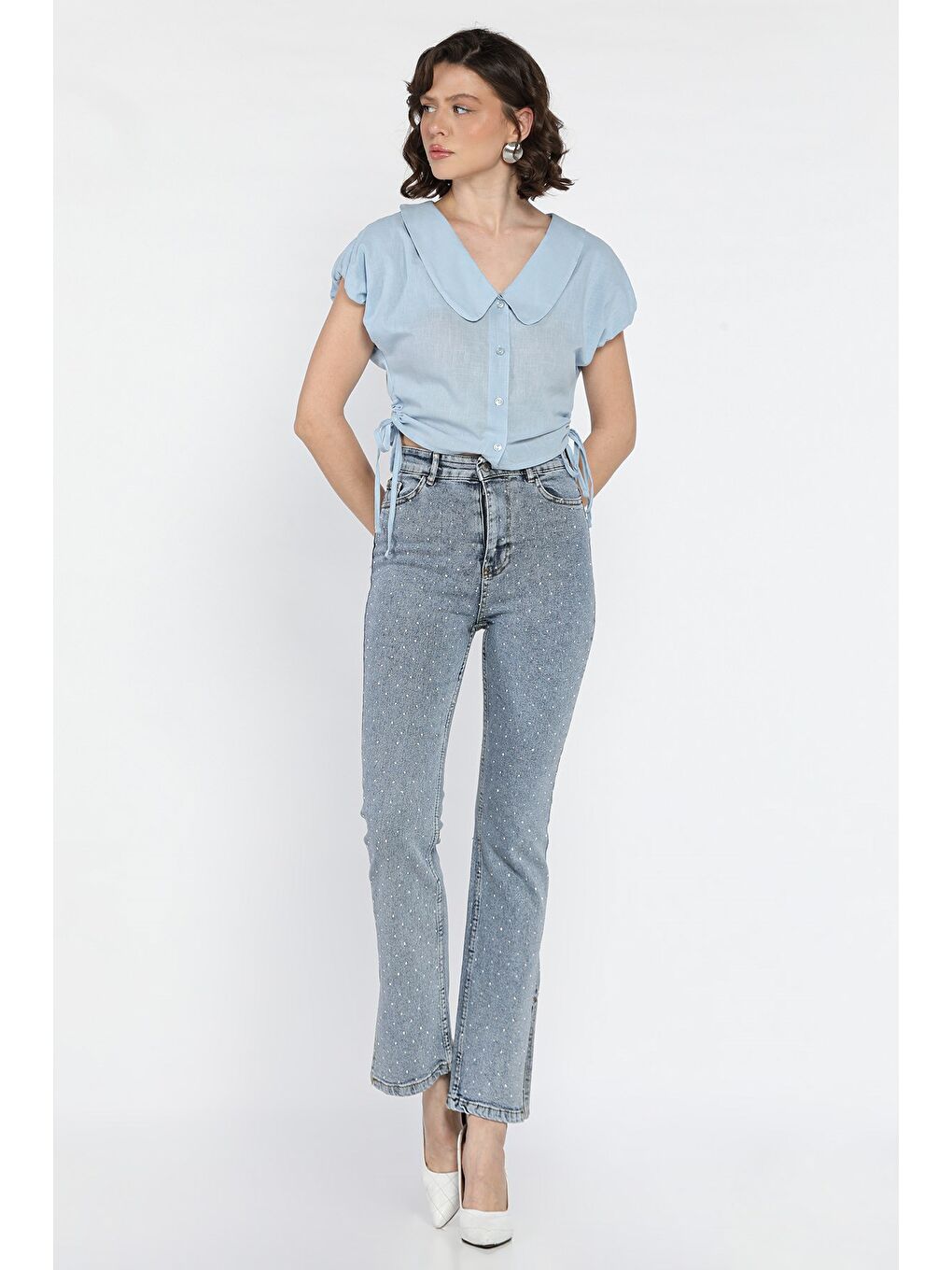 Mavi Kadın Yüksek Bel Taş İşlemeli Yırtmaç Detaylı Jean Pantolon-1