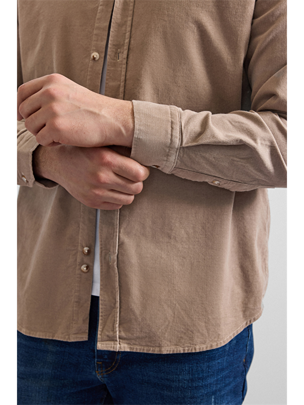 Bej Regular Düğmeli Yaka Casual Gömlek-3