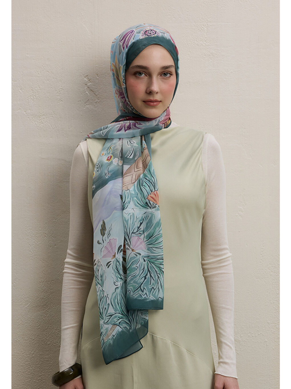 Yeşil Flower Dreams Desen İpek Krep Şal Mint-1