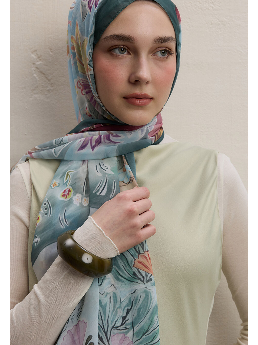 Yeşil Flower Dreams Desen İpek Krep Şal Mint-2