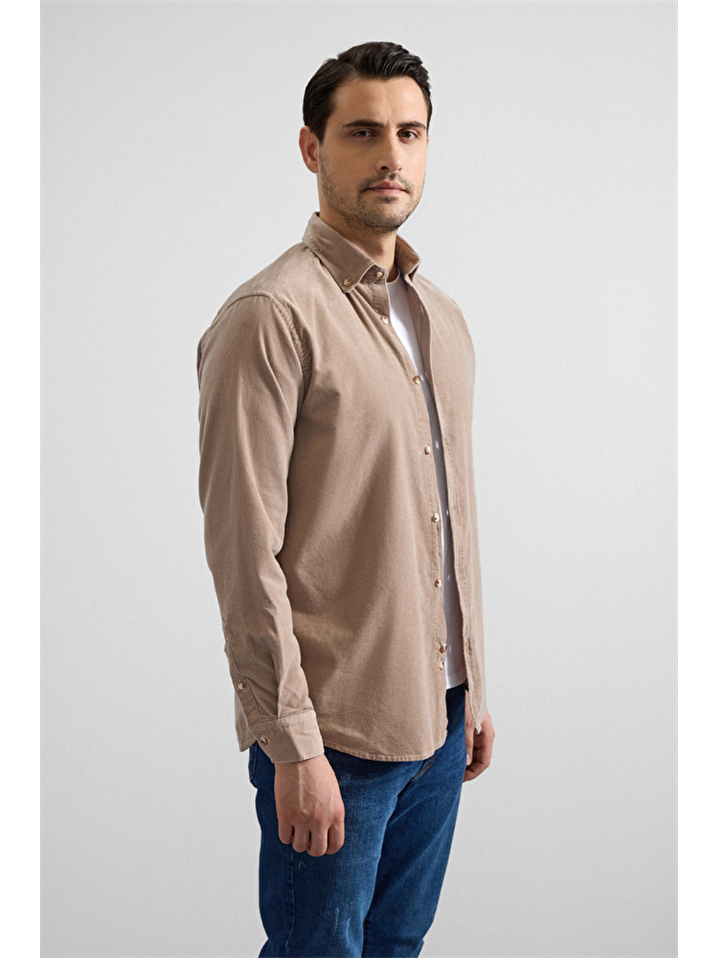 Bej Regular Düğmeli Yaka Casual Gömlek-5