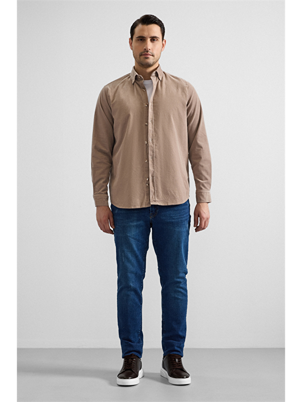 Bej Regular Düğmeli Yaka Casual Gömlek-6