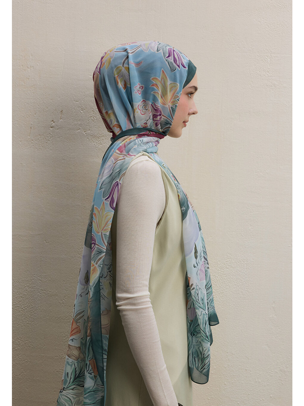 Yeşil Flower Dreams Desen İpek Krep Şal Mint-3