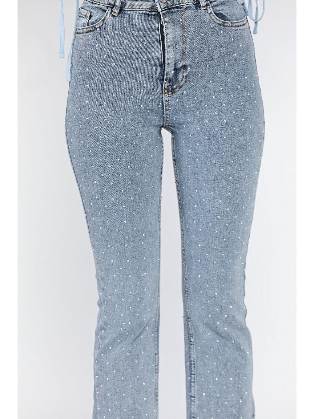 Mavi Kadın Yüksek Bel Taş İşlemeli Yırtmaç Detaylı Jean Pantolon-3