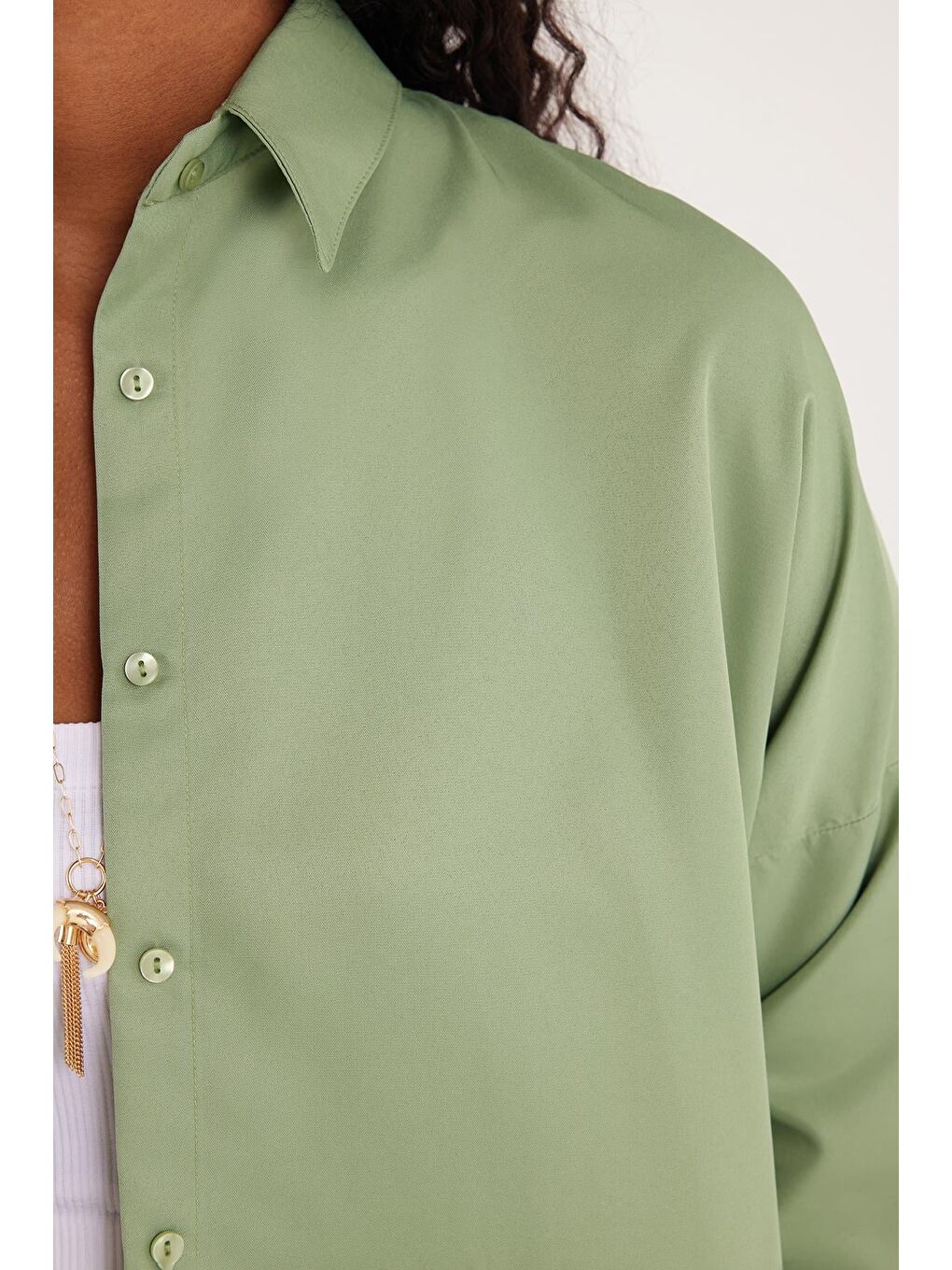 Yeşil Kadın Oversize Rahat Kesim Spor Yaka Uzun Kollu Basic Düz Mint Gömlek-2