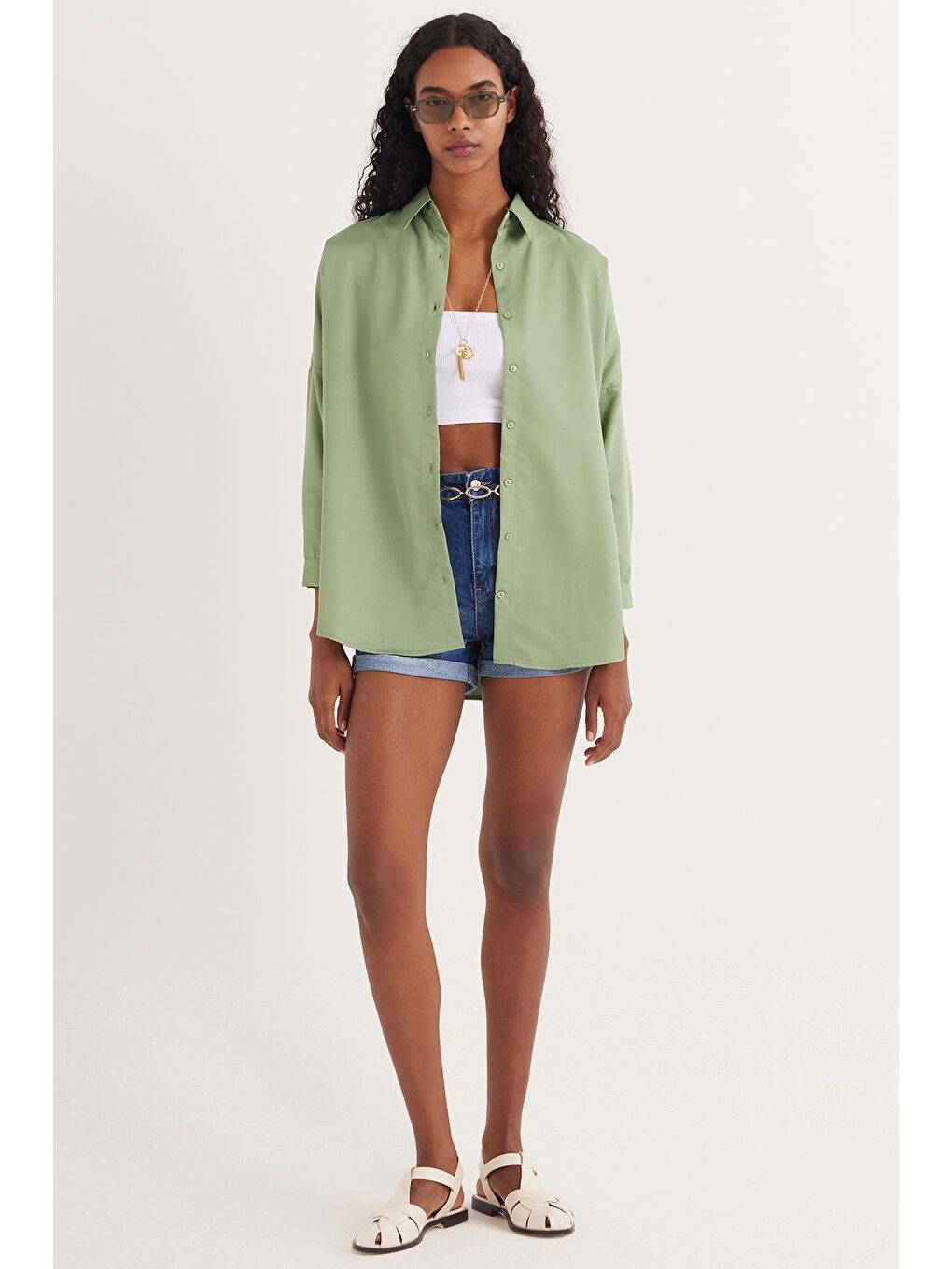 Yeşil Kadın Oversize Rahat Kesim Spor Yaka Uzun Kollu Basic Düz Mint Gömlek-4