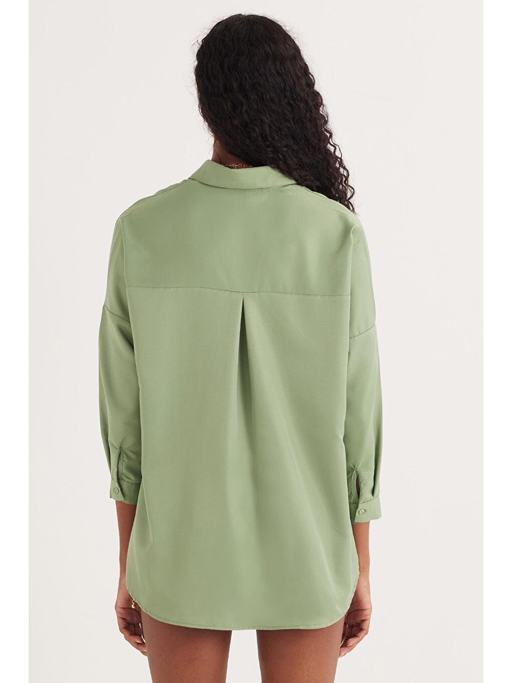 Yeşil Kadın Oversize Rahat Kesim Spor Yaka Uzun Kollu Basic Düz Mint Gömlek-6