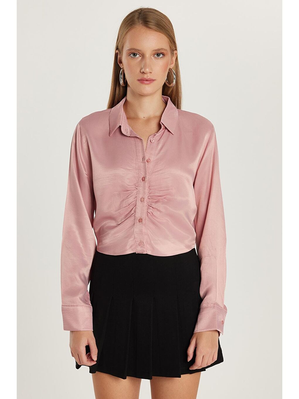 Pembe Kadın Slim Fit Dar Kesim Uzun Kollu  Klasik Yaka Gül Kurusu Gömlek-3