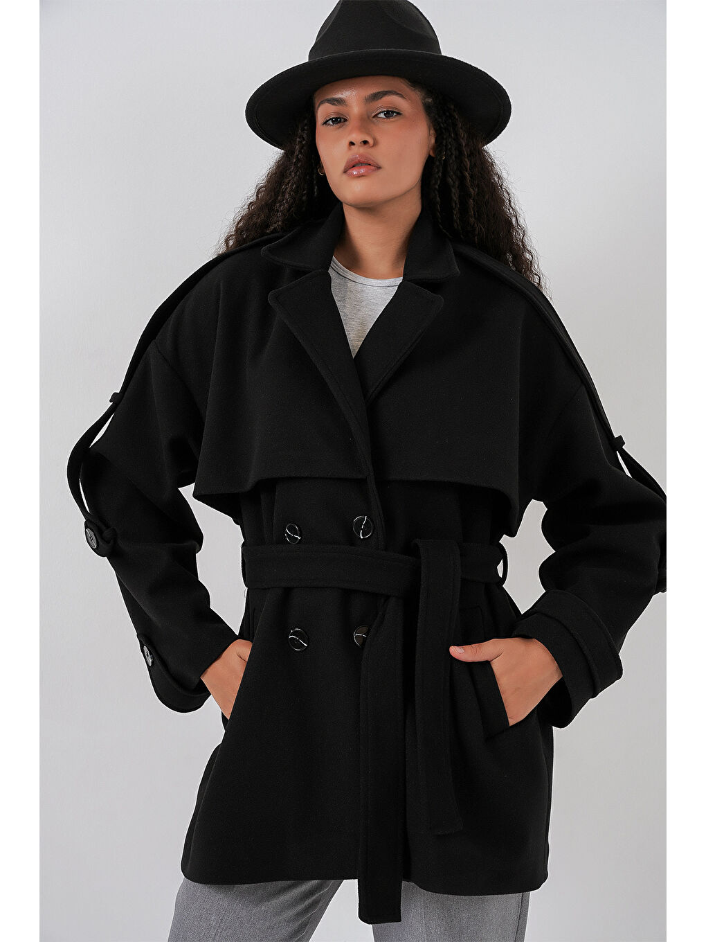 Kadın Kuşaklı Oversize Kaşe Kaban 9157 - Siyah