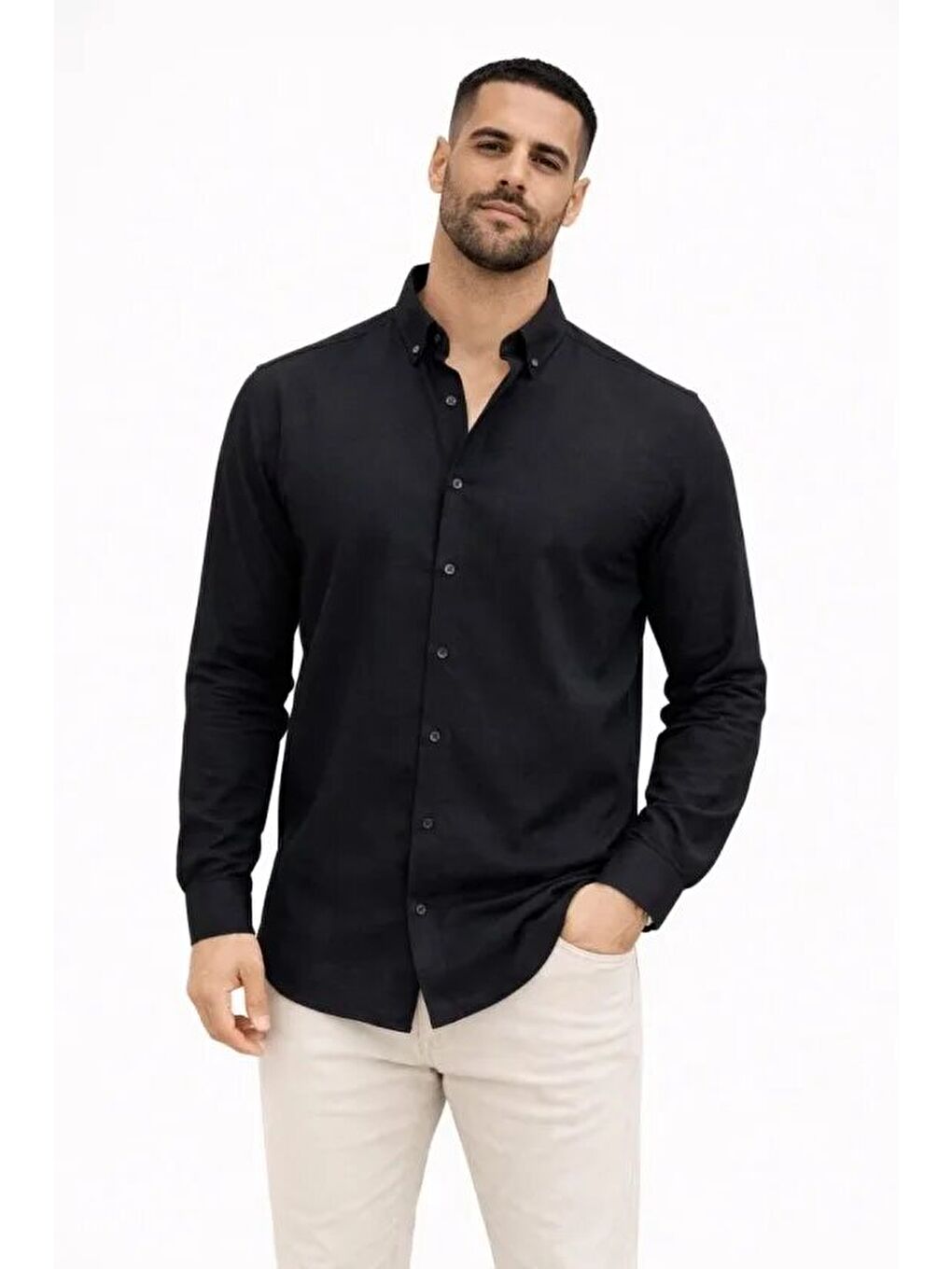 Siyah Erkek Keten Uzun Kollu Rahat Kalıp Gömlek