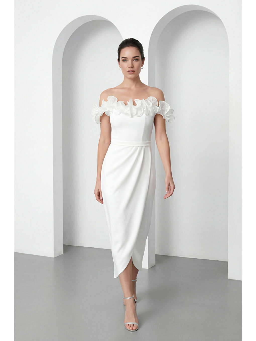 Kadın Beyaz Kayık Yaka Volan Detay Söz nişan Nikah Abiye Elbise-1