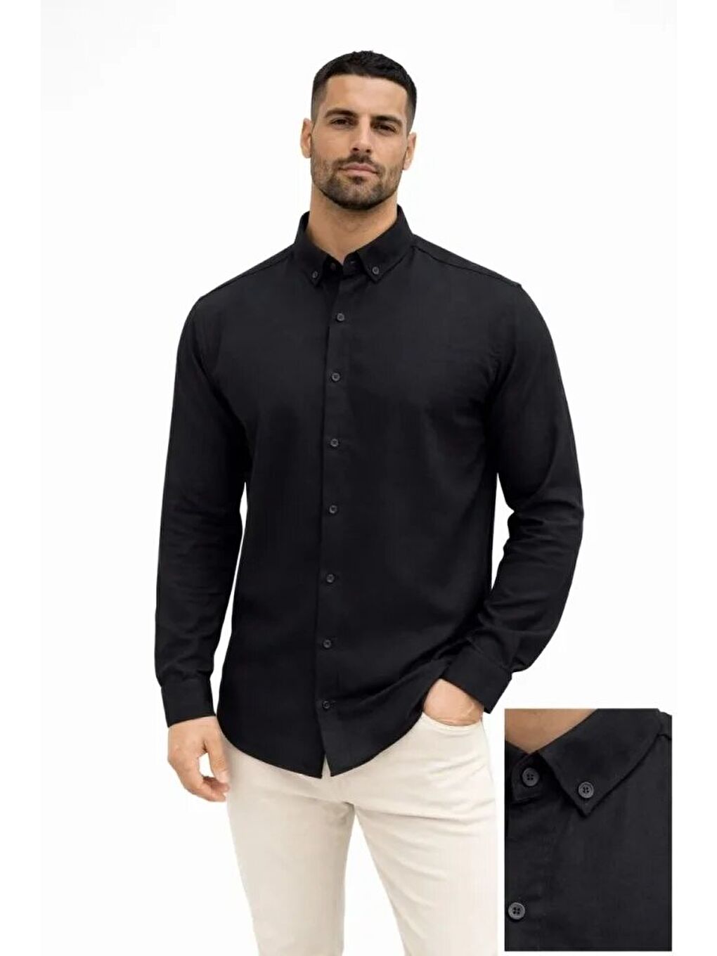 Siyah Erkek Keten Uzun Kollu Rahat Kalıp Gömlek-1