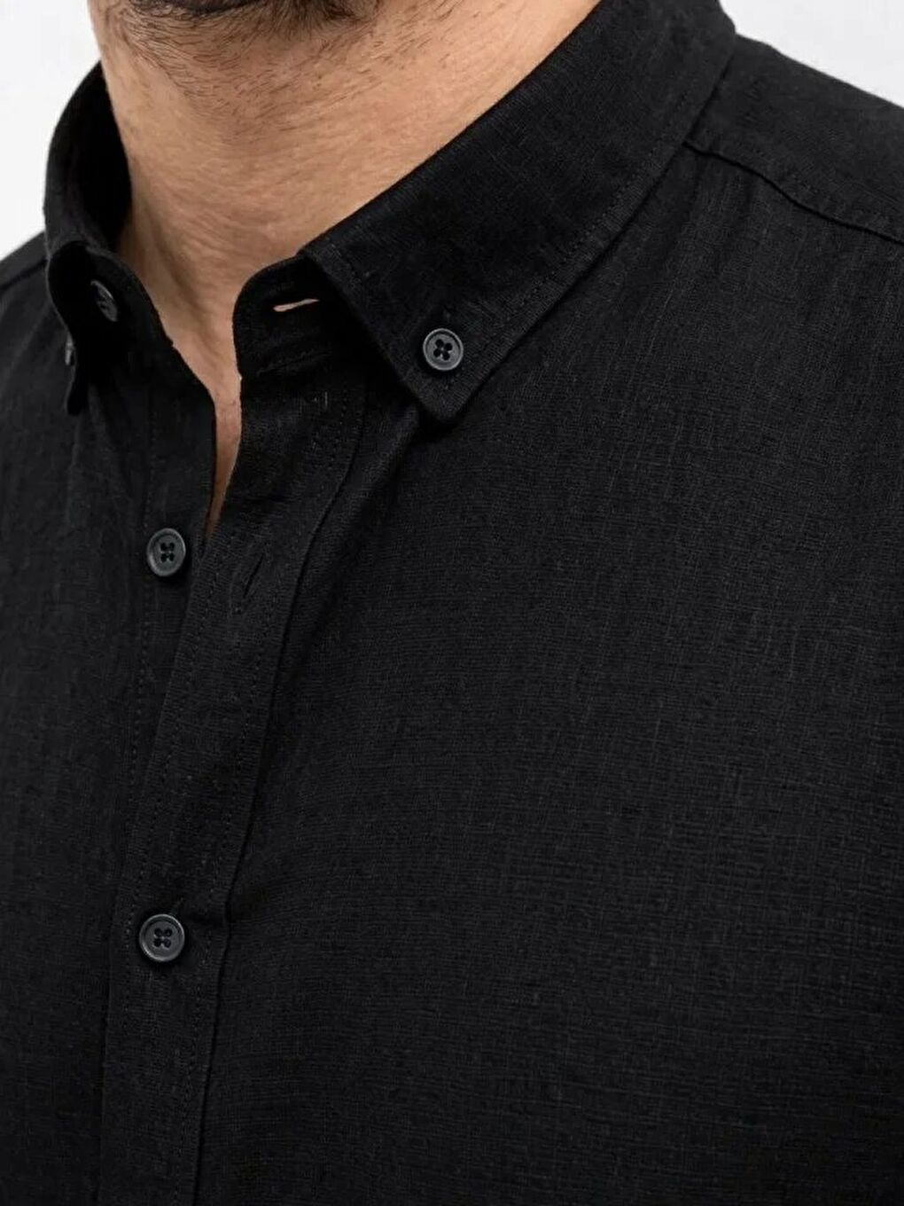 Siyah Erkek Keten Uzun Kollu Rahat Kalıp Gömlek-2