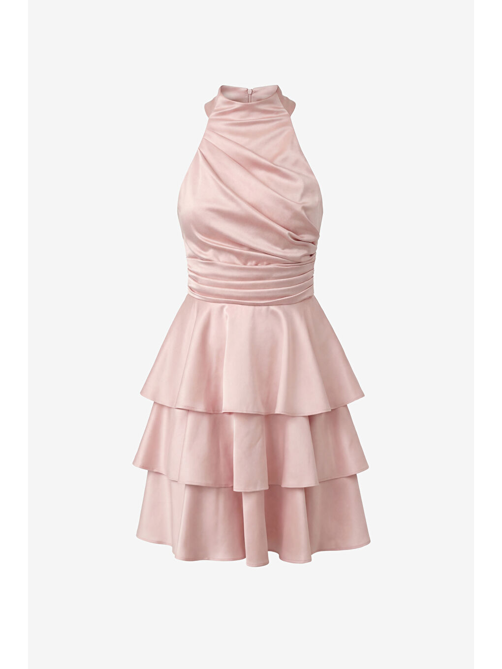 Pembe Kadın Pudra Halter Yaka Saten Mini Mezuniyet Abiye Elbise-6