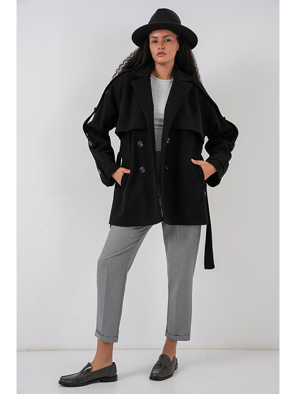 Kadın Kuşaklı Oversize Kaşe Kaban 9157 - Siyah-1