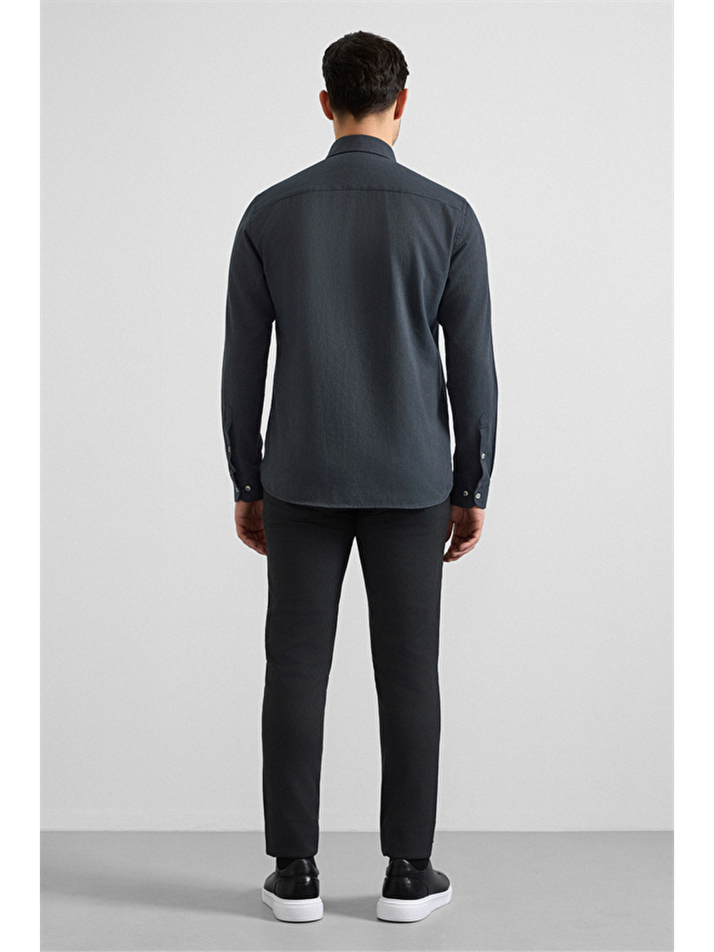 Antrasit Slim Düğmeli Yaka Düz Cepsiz Casual Gömlek-3