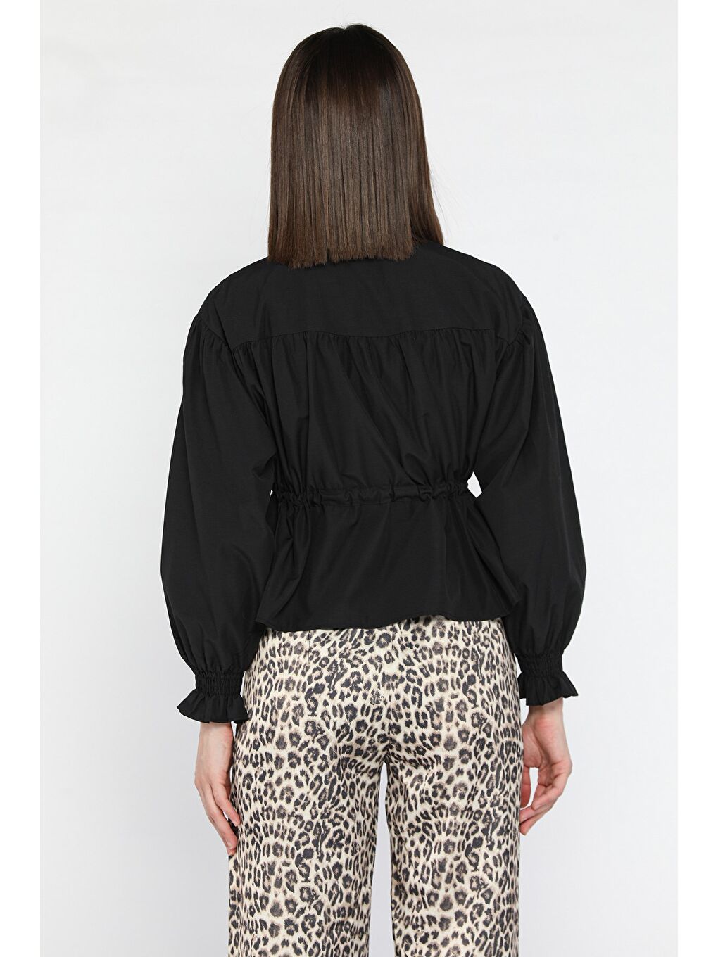 Siyah Bel Bağlamalı Kol Lastikli Kadın Bisiklet Yaka Gömlek-2
