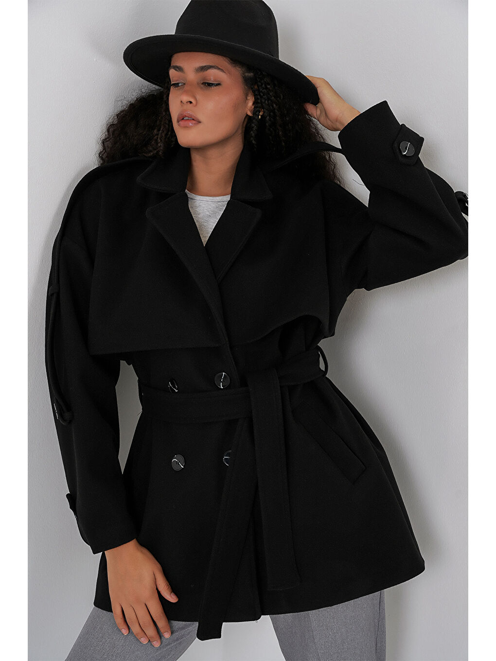 Kadın Kuşaklı Oversize Kaşe Kaban 9157 - Siyah-2