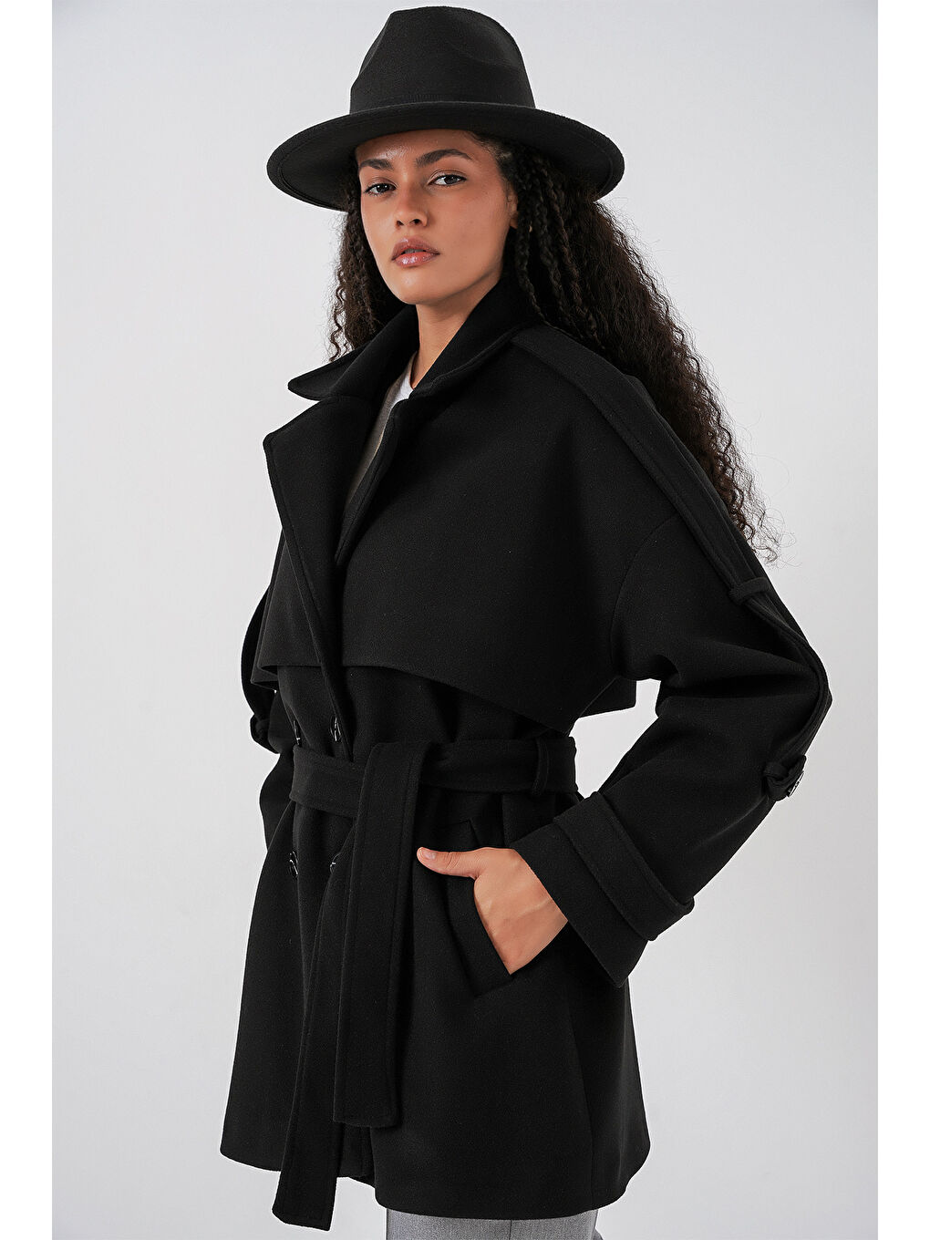 Kadın Kuşaklı Oversize Kaşe Kaban 9157 - Siyah-3