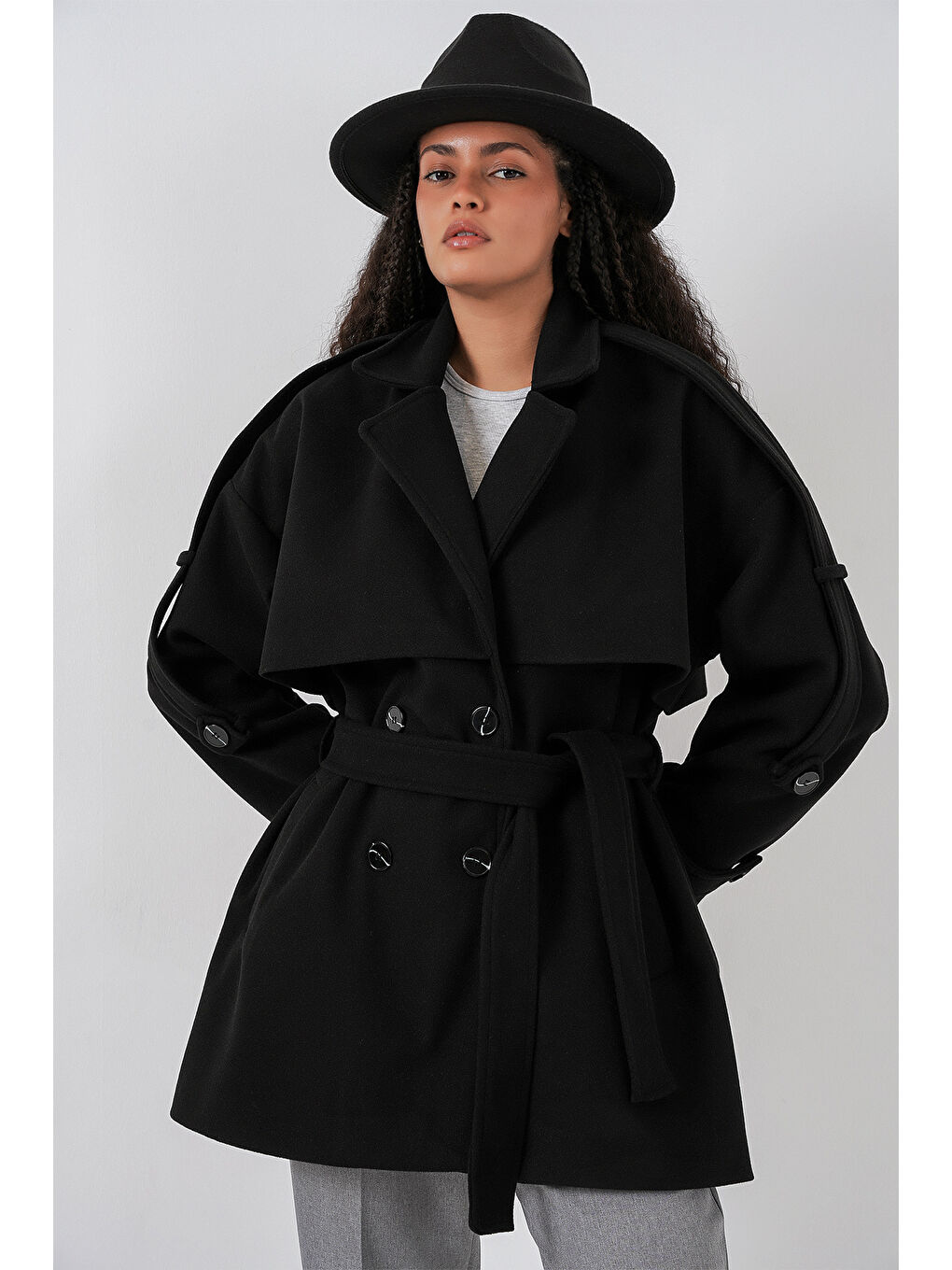 Kadın Kuşaklı Oversize Kaşe Kaban 9157 - Siyah-4