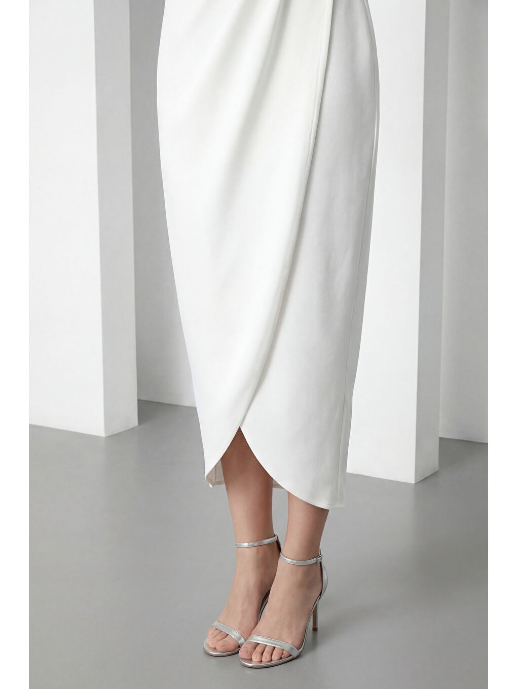 Kadın Beyaz Kayık Yaka Volan Detay Söz nişan Nikah Abiye Elbise-3