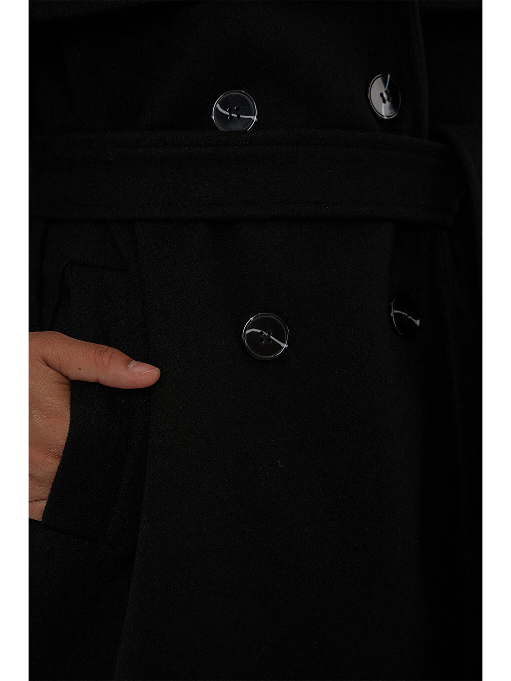 Kadın Kuşaklı Oversize Kaşe Kaban 9157 - Siyah-5