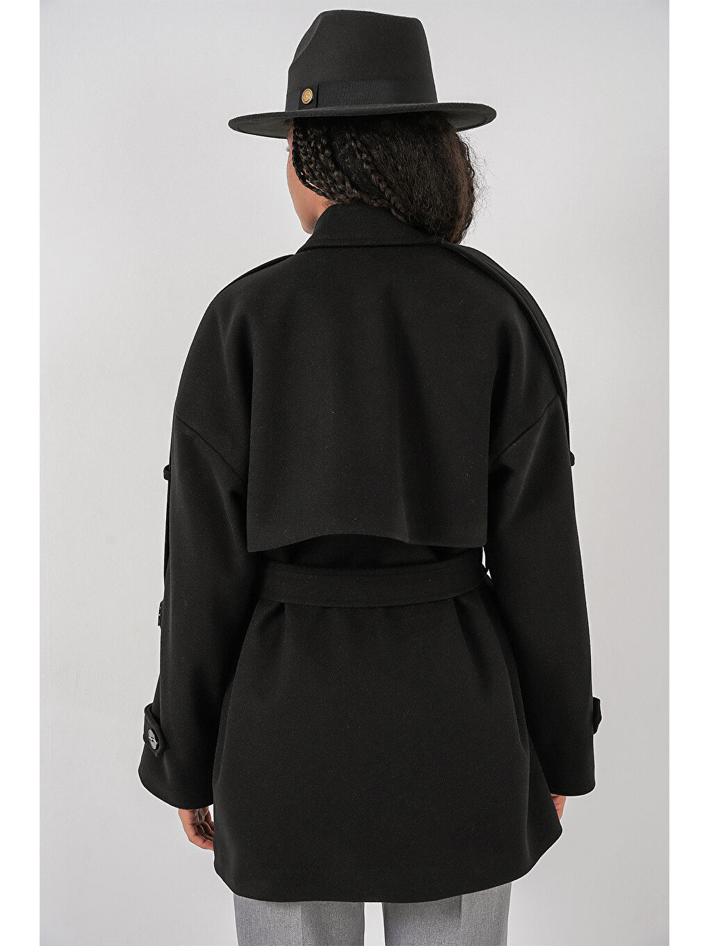 Kadın Kuşaklı Oversize Kaşe Kaban 9157 - Siyah-6