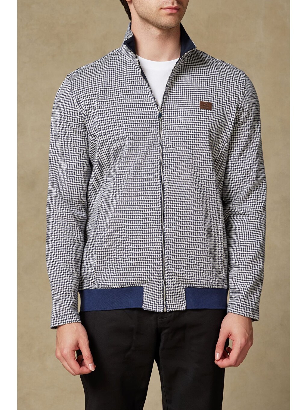 Edon Örme Kumaş Pamuklu Modern Fit Lacivert Dik Yaka Erkek Desenli Sweatshirt