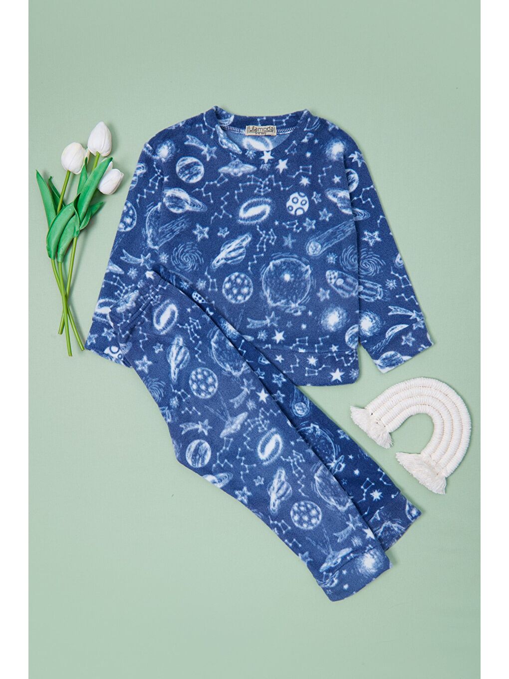 Mavi Ev Desenli Polar Unisex Çocuk Pijama Takımı