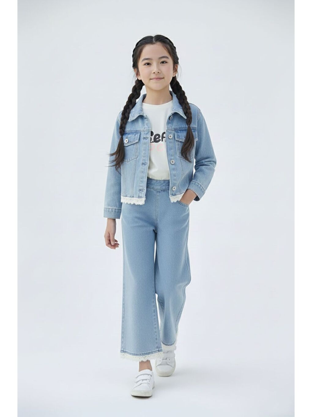 Mavi Dantel Detaylı Jean Ceketli ve Pantolonlu Kız Çocuk 3lü Takım 23499-2